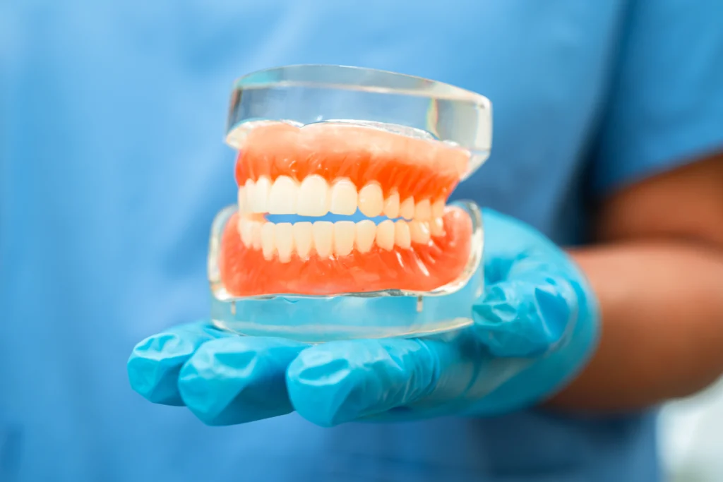 Modèle dentaire tenu à la main pour une extraction-implantation immédiate